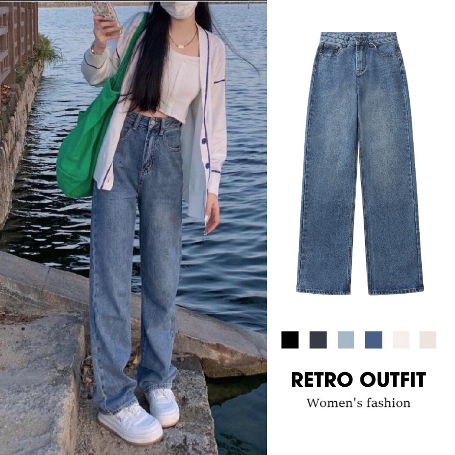 Quần jean ống rộng eo cao phong cách retro Hàn Quốc 6 màu sắc tùy chọn RD02