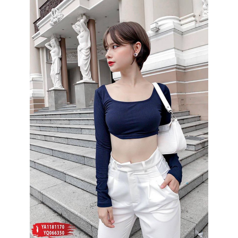 Áo Croptop Cổ Vuông Tay Dài Hở Lưng Ôm Body Thun Gân (Len Tăm) Mati House - YA1181170
