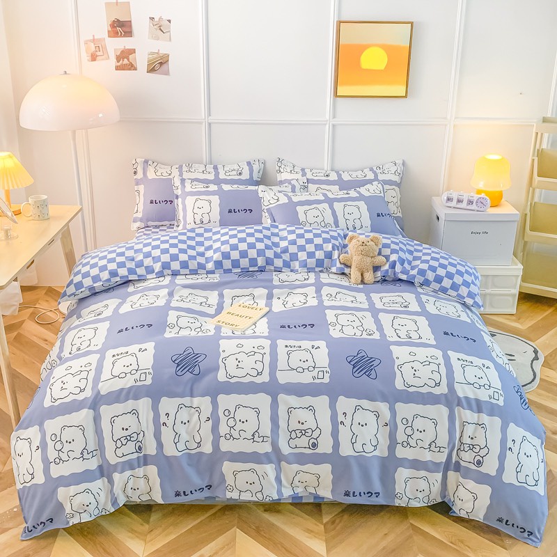 Bộ chăn ga gối Cotton Poly M2T BEDDING gồm vỏ chăn mền, drap ga giường và 2 vỏ gối nằm - PL Gấu hỏi chấm