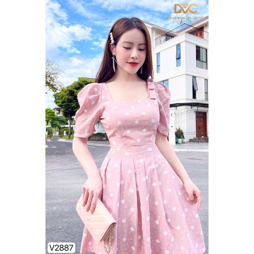 V2887 váy xoè hồng hoa trắng