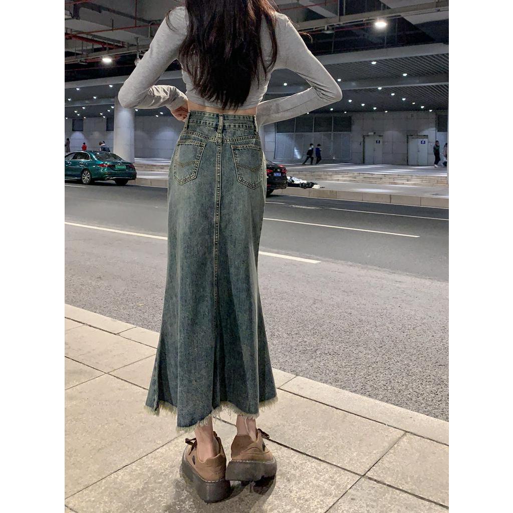 62431 Raw Edge Váy Denim Dài Ngang Hông