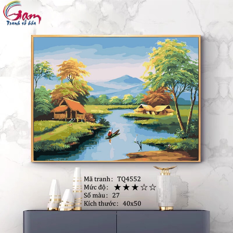 Tranh số hoá tự tô theo số phong cảnh đồng quê GAM lọ màu to 5ml + 2 bộ cọ + khung 2.5cm TQ4552