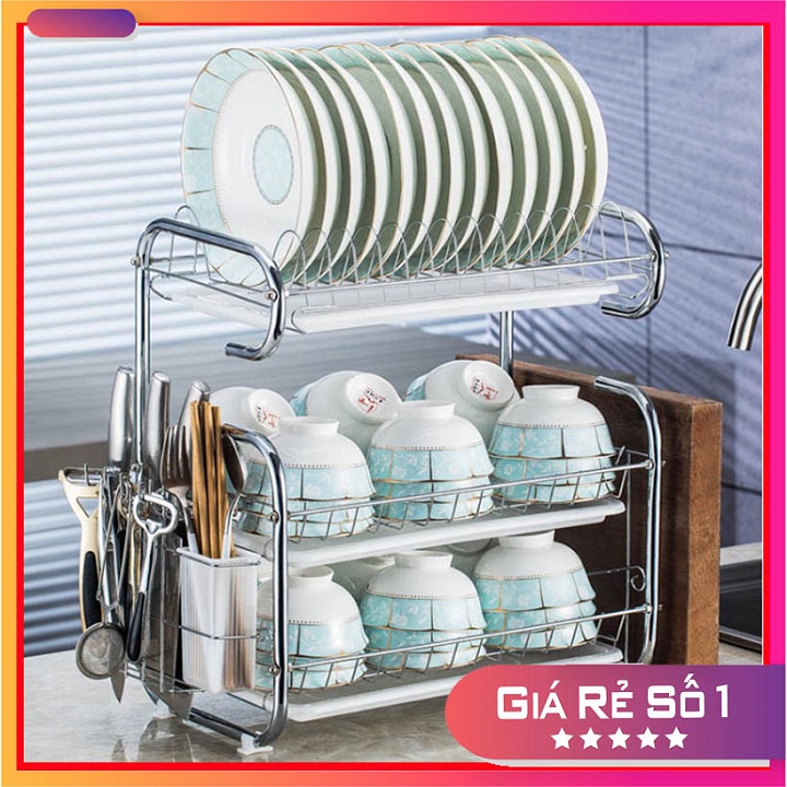 Kệ đựng chén bát inox 304 đẹp kích thước 42x25x44cm, Kệ úp bát đĩa inox 3 tầng tặng kèm khay hứng nước ống cắm đũa thìa