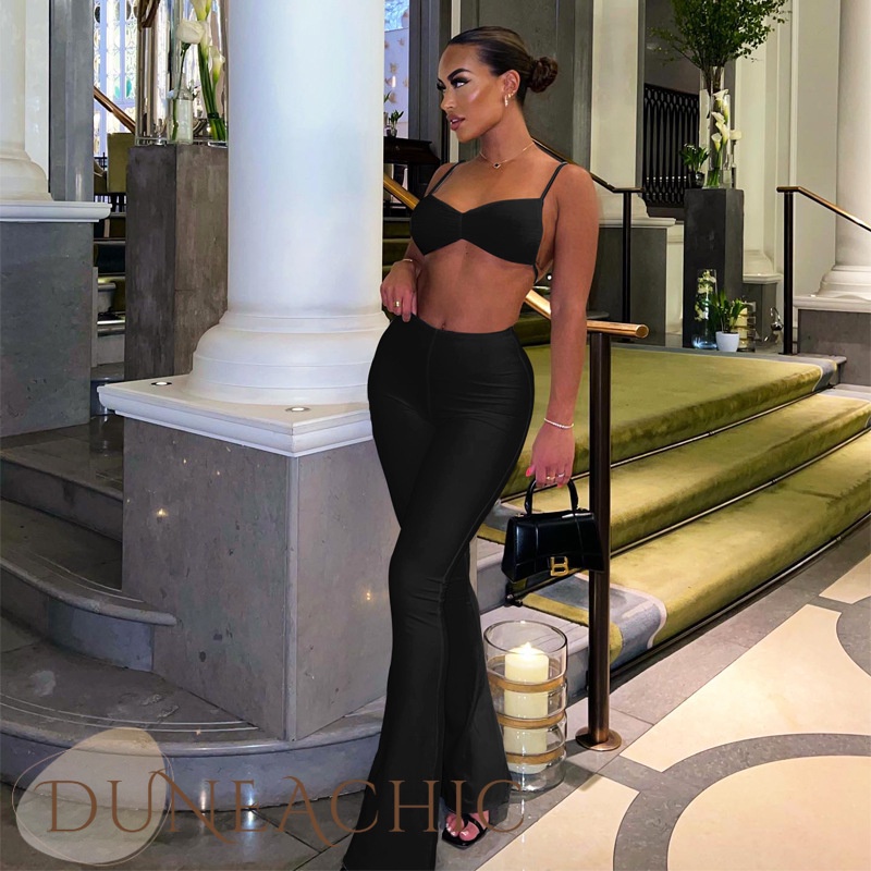 DUNEA Bộ đồ gồm áo ngắn không tay + quần ống loe thời trang quyến rũ cho nữ