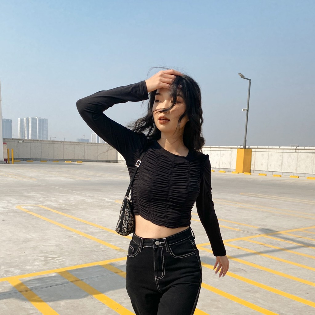 Áo croptop thun Mia Ritta nhún chun dài tay A1907 ảnh thật feedback