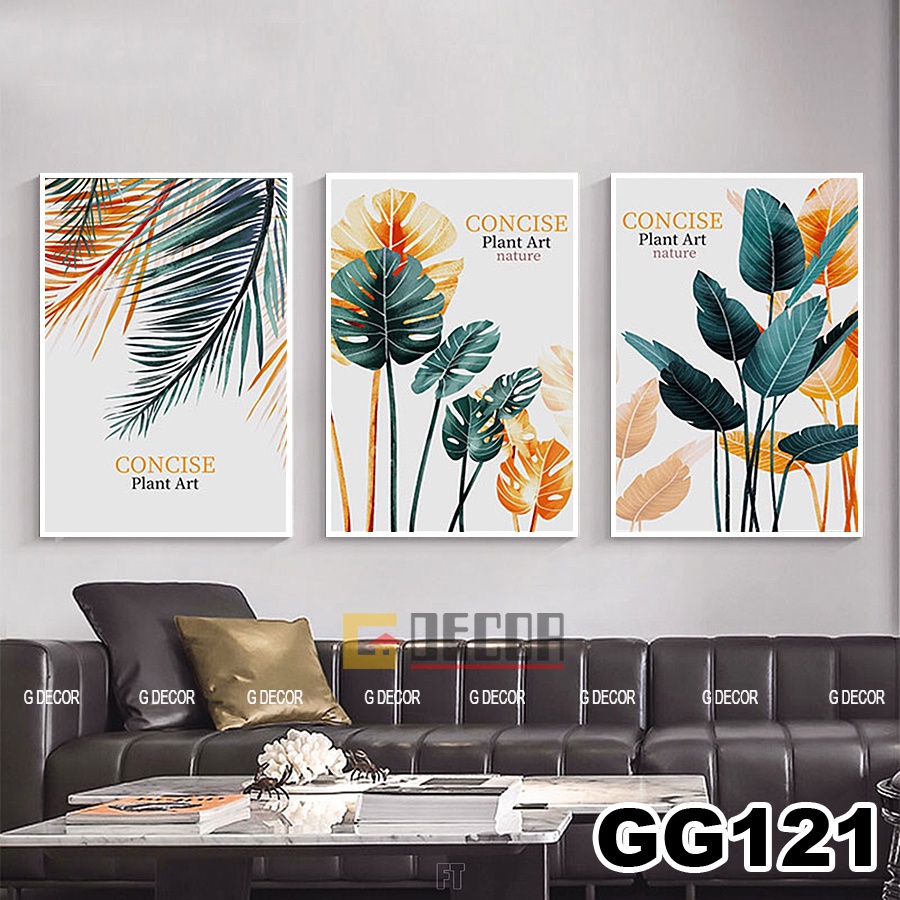 Tranh treo tường canvas khung gỗ 3 bức phong cách hiện đại Bắc Âu tranh lá cây trang trí phòng khách phòng ngủ spa 113