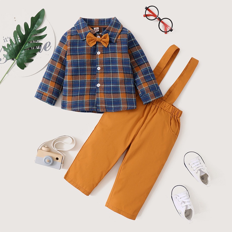 Bộ trang phục 2 món MIKRDOO áo sơ mi tay dài sọc ca rô quần hai dây phong cách lịch lãm thời trang tiệc tùng cho bé trai