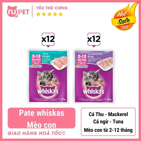 Pate whiskas kitten cho mèo con 80g | Thức ăn ướt cho mèo bé hơn 12 tháng tuổi | Pate dinh dưỡng whiskas cho mèo nhỏ