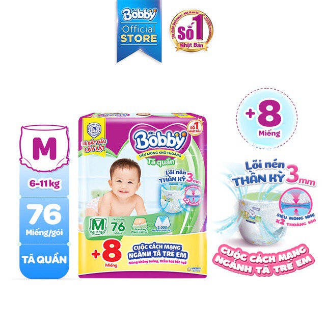 Tã Quần Bobby Siêu Thấm Khô Thoáng Size M76 (Lớp thấm mồ hôi lưng, cho bé 6-11kg)