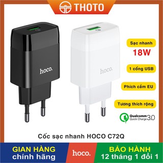 Củ cốc sạc nhanh 18W CHÍNH HÃNG HOCO C72Q 1 cổng USB cho điện thoại iPhone/ Samsung/ Oppo/ Xiaomi/ Huawei/ Vsmart/ Nokia