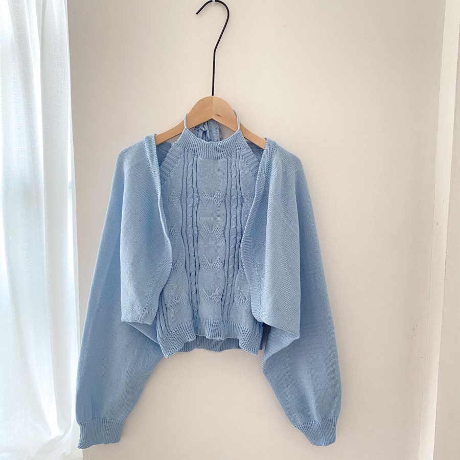 Set áo khoác cardigan dệt kim tay dài màu xanh nhạt chống nắng