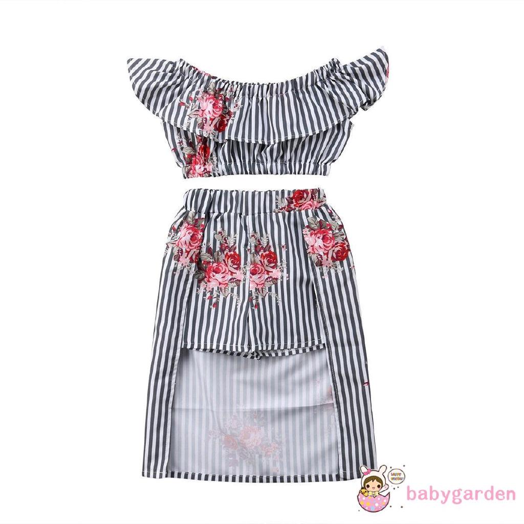 Set Áo Kẻ Sọc Trễ Vai Và Chân Váy Xòe Đáng Yêu Dành Cho Bé Gái