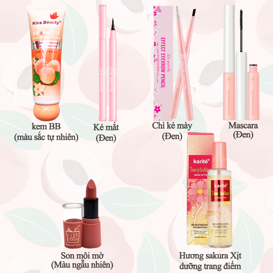 Trọn bộ trang điểm 6 món sành điệu nhìn là mê (kem BB+Kẻ mắt+Chì kẻ mày+mascara+Son môi+Xịt dưỡng trang điểm)