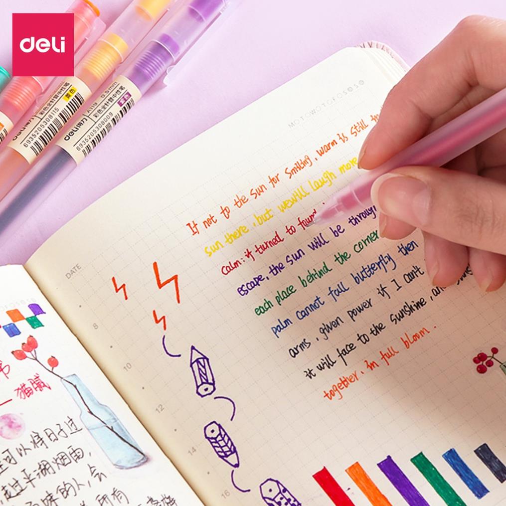 Bút gel 0.5mm nhiều màu Deli - có nắp gài - 1 chiếc - Đỏ/ Xanh Dương/ Xanh Lá/ Tím/ Cam - A119 .