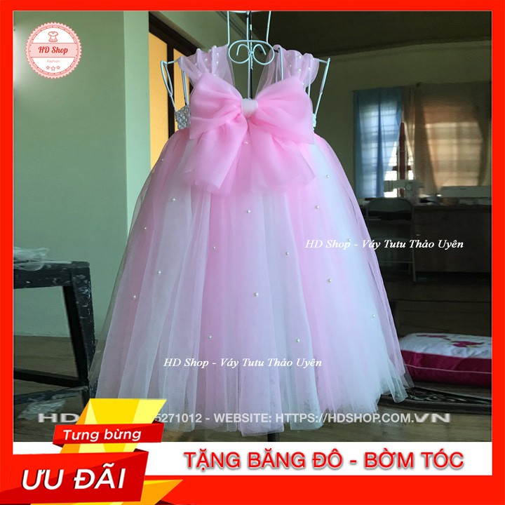 Đầm cho bé ❤️FREESHIP❤️ Đầm công chúa hồng phấn phối trắng nơ đính đá cho bé