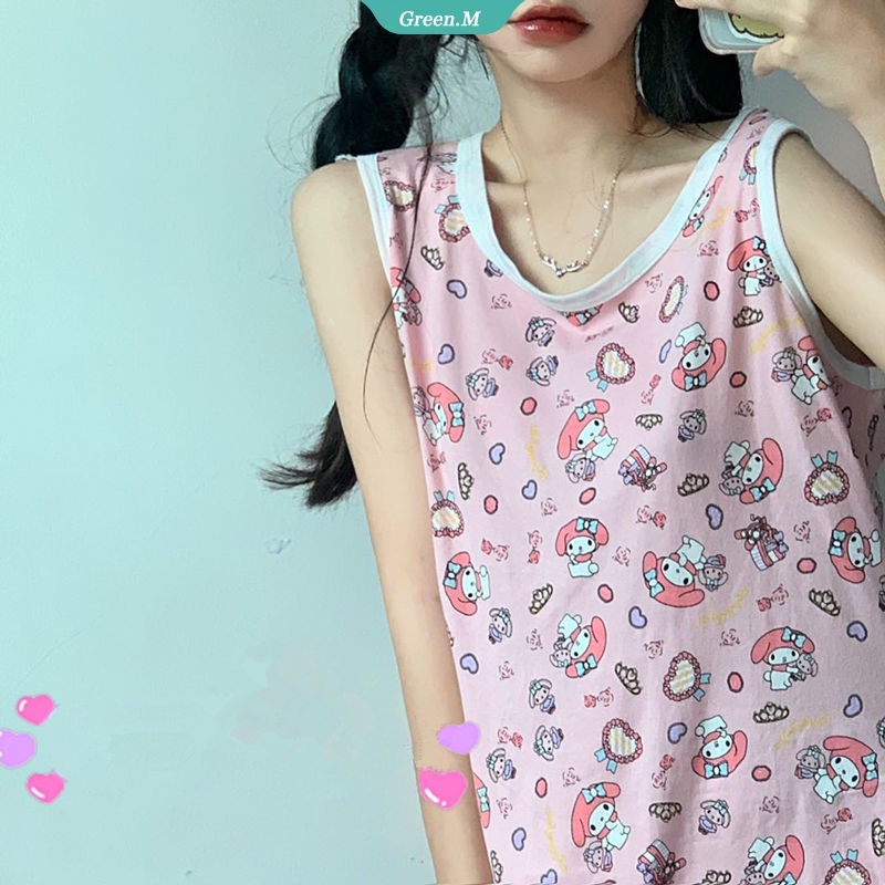 Đầm Ngủ Sát Nách Cổ Tròn Mỏng Nhẹ Họa Tiết Mèo Hello Kitty Cho Nữ