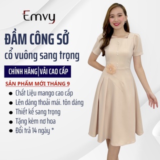 Đầm công sở cổ vuông dáng xòe tặng kèm tag cài, chất liệu Mango, dày dặn, thoáng mát Emvy fashion K22