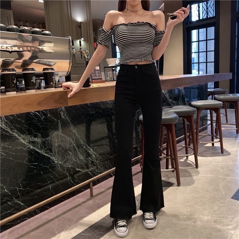 Quần bò jean nữ ống loe đứng rộng suông xuông co giãn jeans cạp cao cao cấp Hottrend 2022