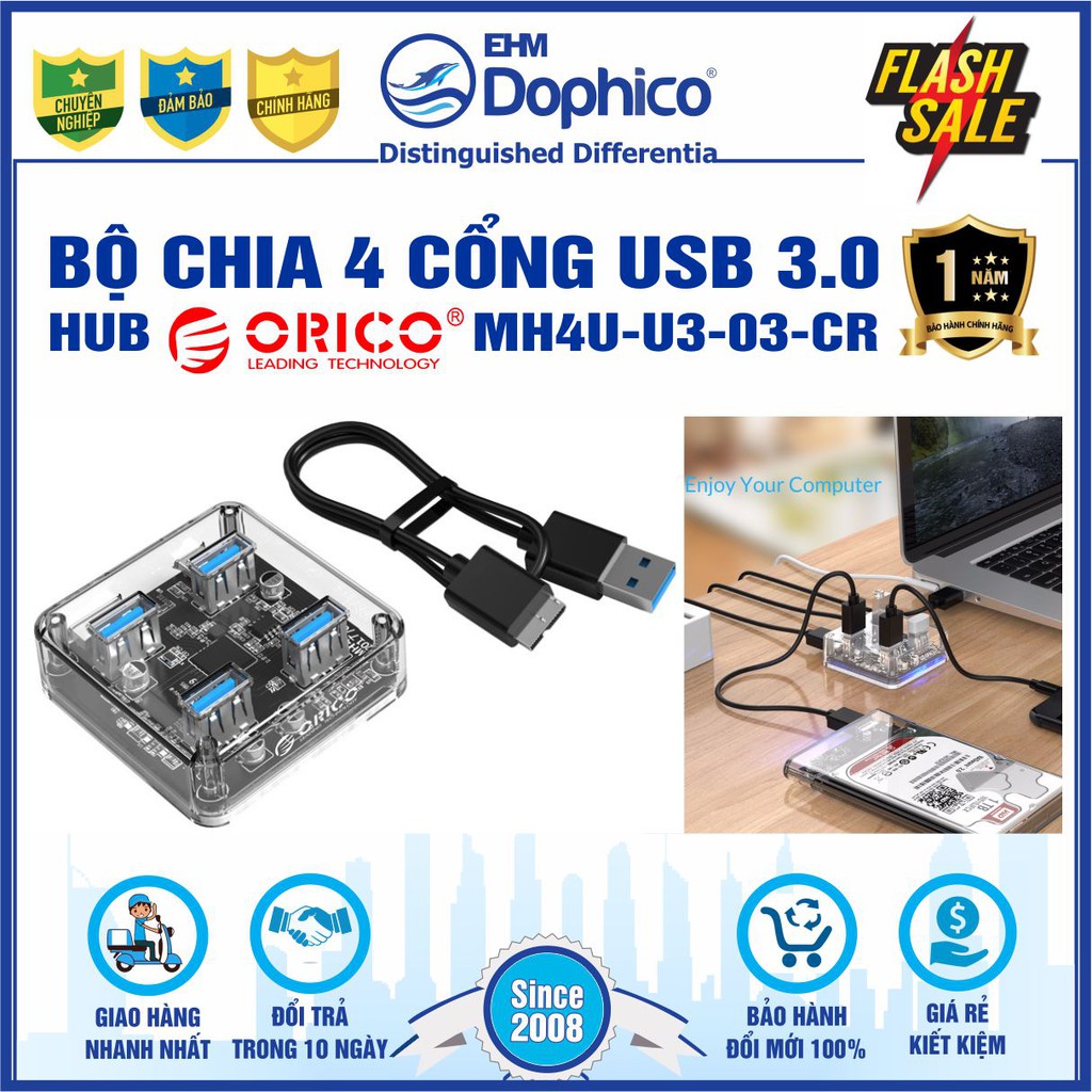 Bộ chia 4 cổng USB 3.0 – Hub Orico MH4U-U3-03-CR – Trong suốt – Chính Hãng – Bảo hành 12 tháng – USB3.0 Four – Port Hub