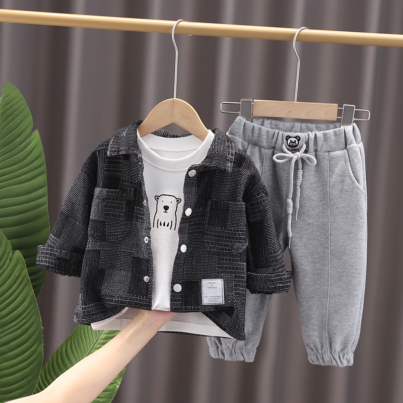 Set áo khoác denim tay dài + áo khoác + quần dài thời trang thu đông cho bé trai 0-6 tuổi