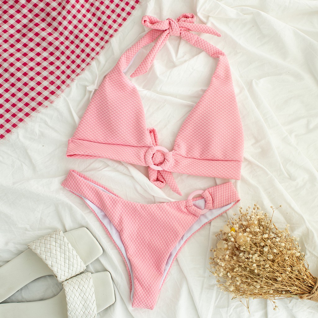 [BKN1321] &lt;ÂU&gt; SET BIKINI HỒNG BABY VẢI VÂN KHUY NGỰC TRÒN