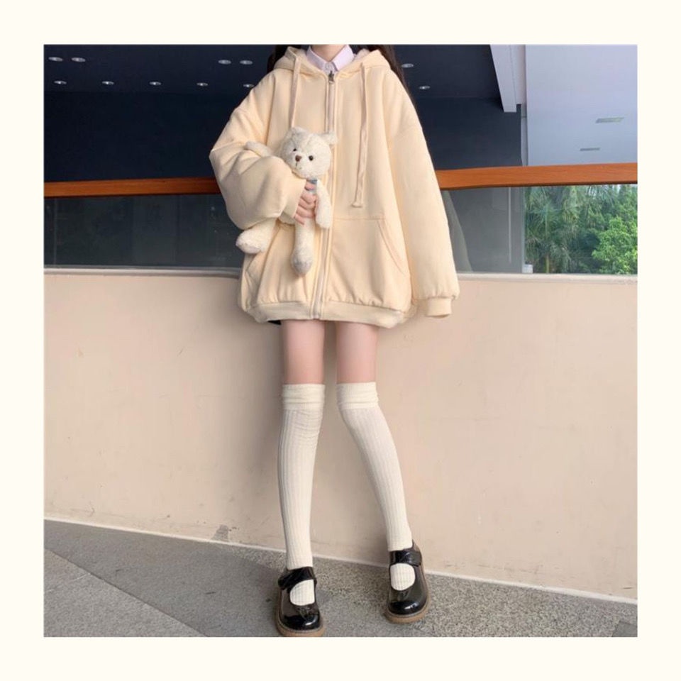 Áo Hoodie Màu Trơn Có Khóa Kéo Dễ Thương Size S-2Xl Thời Trang Thu Đông Cho Nữ