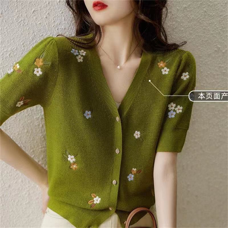 Áo Cardigan Dệt Kim Tay Ngắn Thêu Họa Tiết Màu Sắc Tương Phản Cổ Điển Thời Trang Mùa Hè Dành Cho Nữ 2021