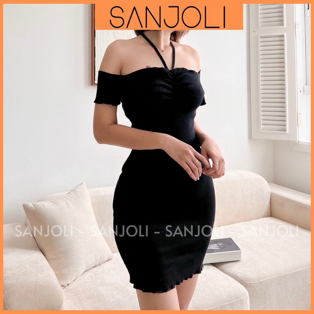 Váy Đi Biển Trễ Vai SANJOLI Đầm Body Ôm Dáng Dự Tiệc Bẹt Vai Thiết Kế Cổ Yếm Cúp Ngực Ulzzang Sexy VDE022