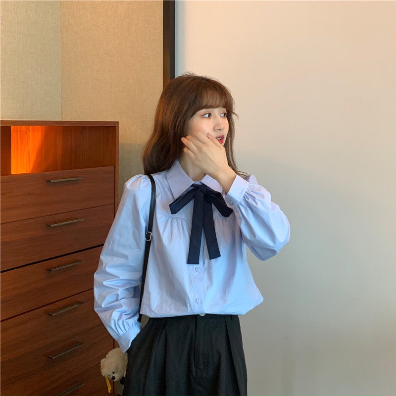 Áo Sơ Mi Tay Dài Phồng Dáng Rộng Thắt Nơ Phong Cách Preppy Ngọt Ngào Siêu Nữ Tính