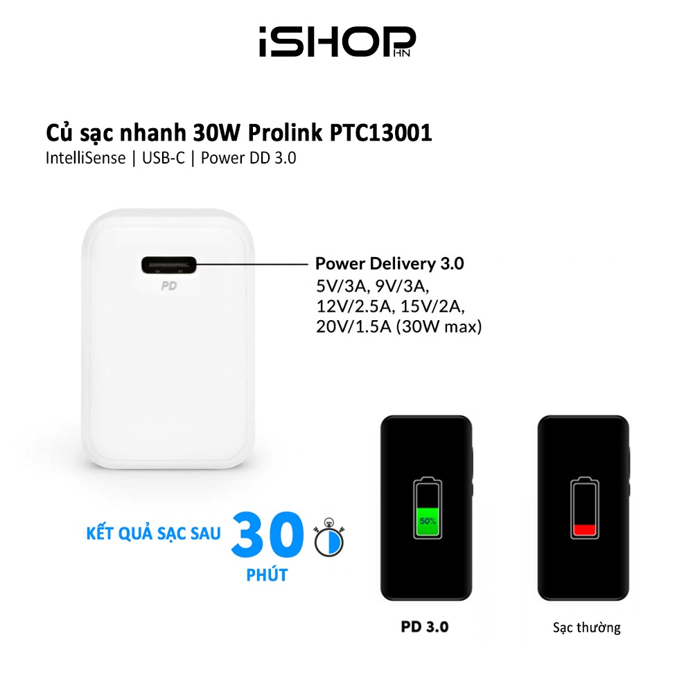Củ sạc nhanh 30W Prolink PTC13001, 1 cổng USB-C, IntelliSense, PD 3.0, sạc nhanh cho điện thoại, máy tính bảng