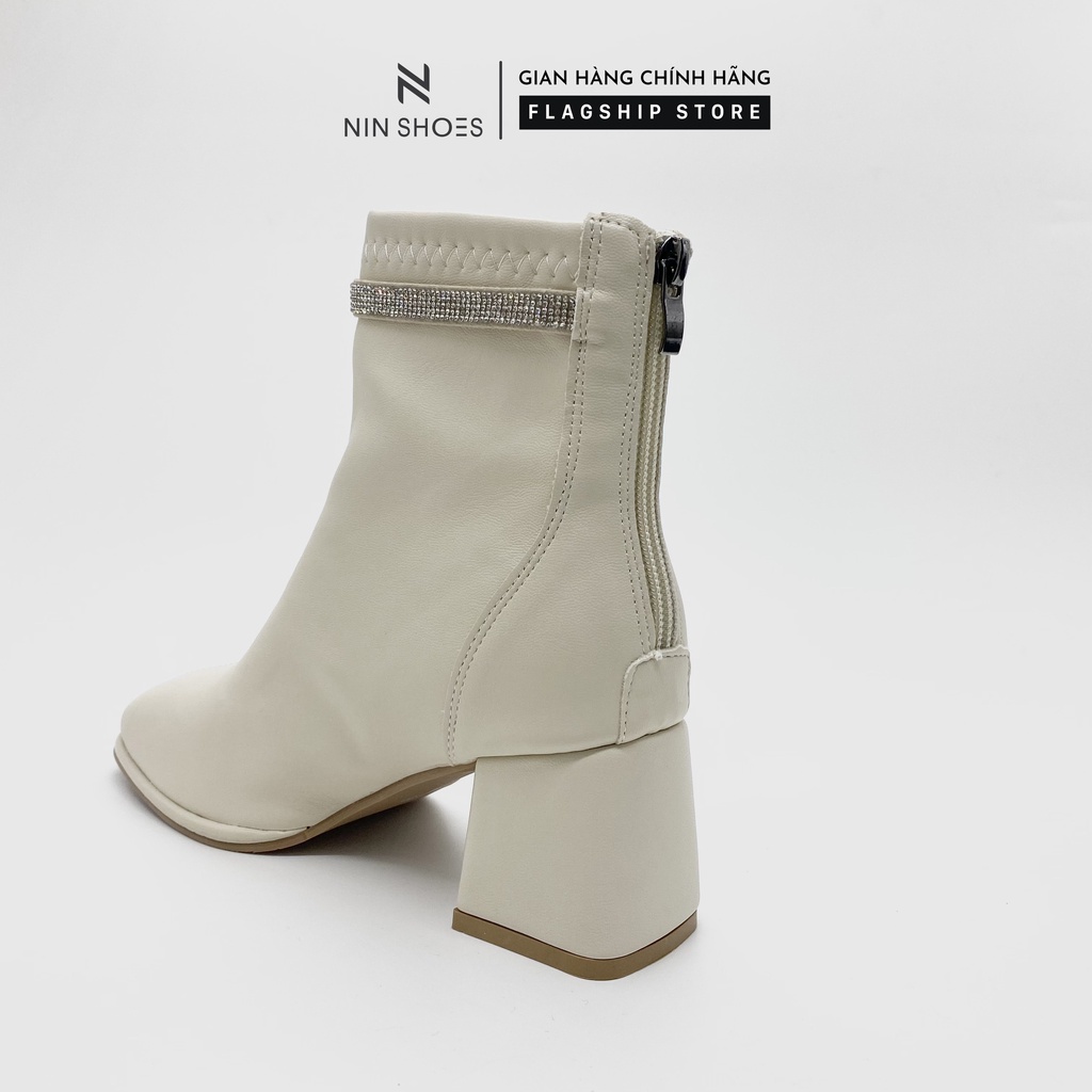 Giày Boot nữ 5p gót vuông cổ đá kéo khoá sau da si Ninshoes | BigBuy360 - bigbuy360.vn