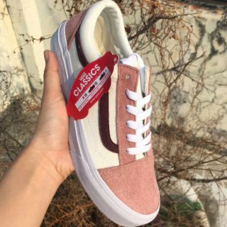 [Fullbox + Tất]Giày thể thao nữ Hồng Old Kool chuẩn hàng 1/1 Trắng - Hồng Đất