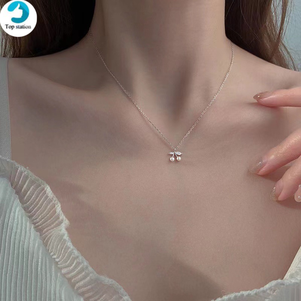 Vòng cổ Bạc Phối Mặt Ngọc Trai Và Quả Cherry Sang Trọng Thanh Lịch Dành Cho Nữ
