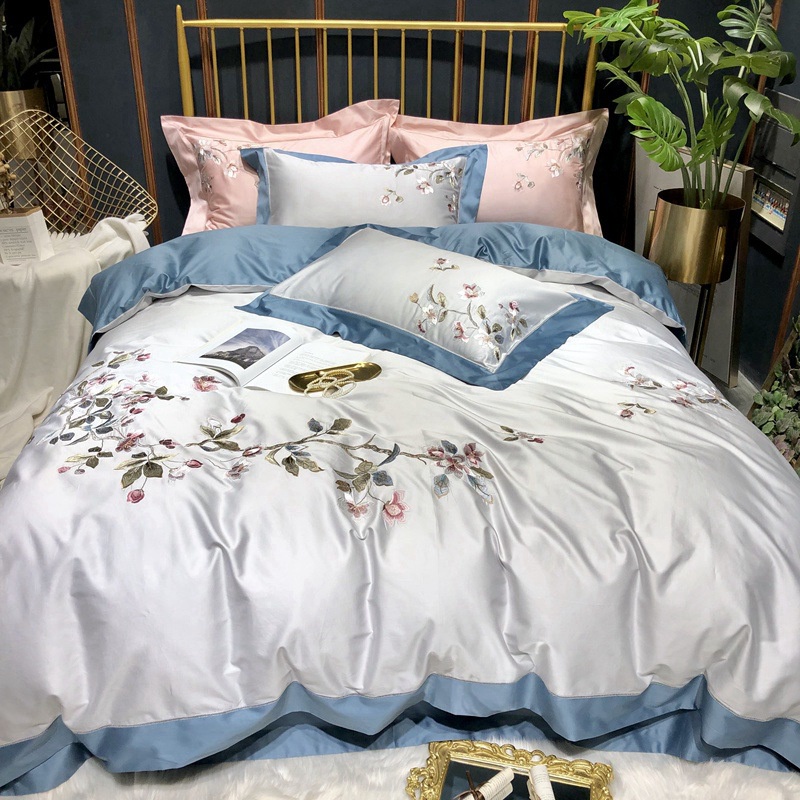 GC799 Bộ chăn ga gối thêu chất cotton lụa cao cấp hàng nhập