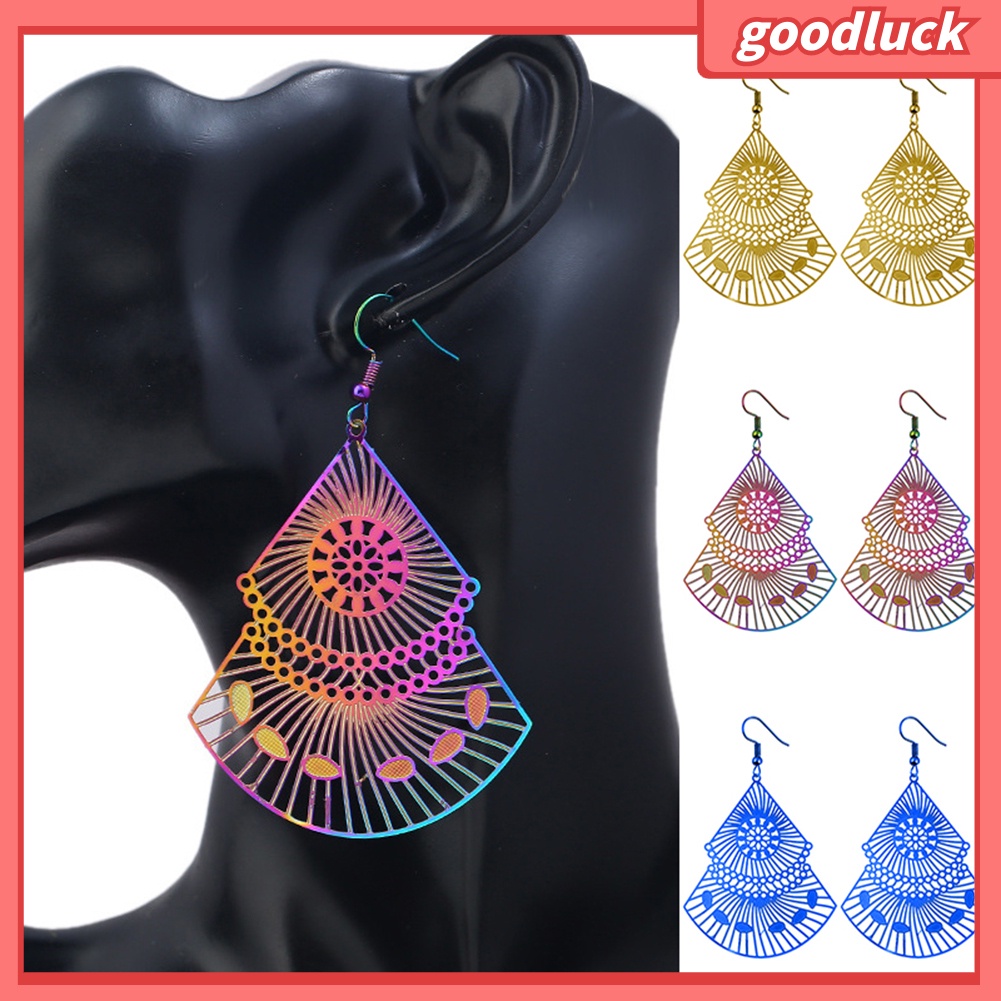 Khuyên tai dáng thả phối mặt hình quạt khoét rỗng nhiều màu tùy chọn thời trang cho nữ