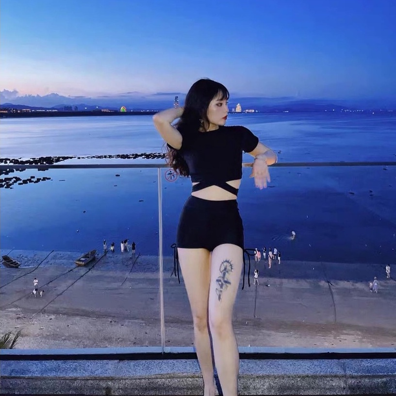 [ĐỒ BƠI 2 MẢNH] Bikini nữ 2 mảnh áo tay ngắn cột nơ bụng mix quần short dây rút kín đáo (kèm hình chụp thật)