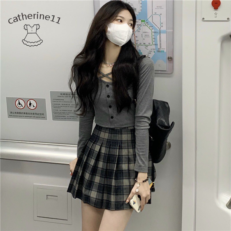 [Ảnh thật] Áo croptop chéo dây len tăm dài tay dáng ôm