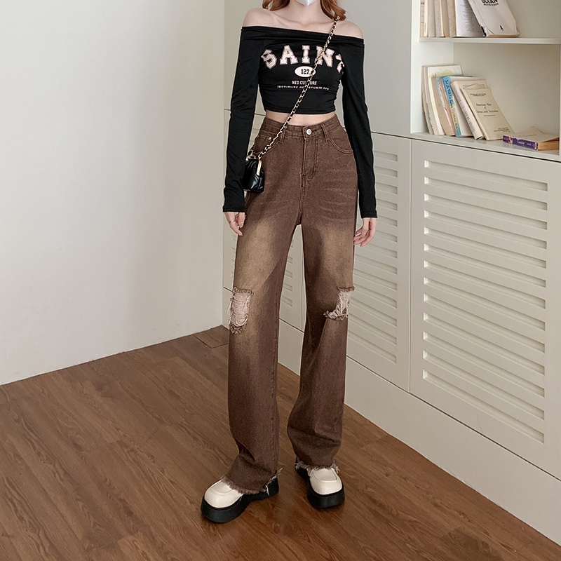 Set Áo Thun Dài Tay 2 Dây + Quần jeans Dài Ống Rộng Thời Trang Nữ