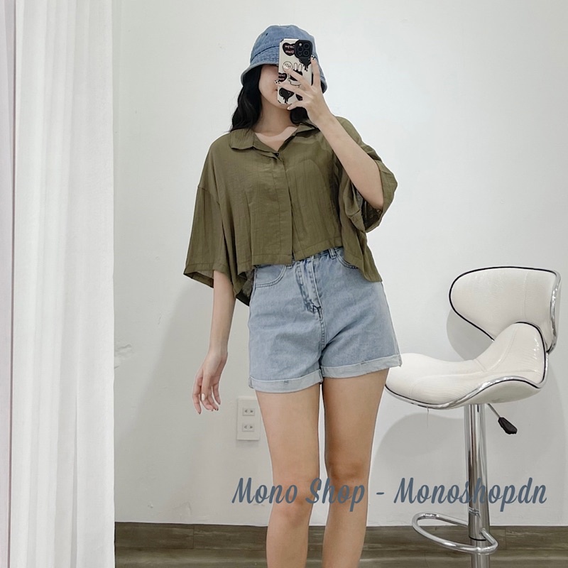 Áo sơ mi croptop linen cổ bẻ dáng dơi Ảnh thật/ sẵn