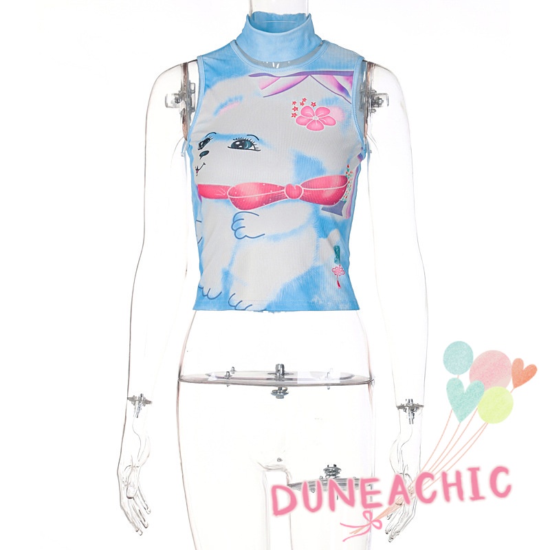 DUNEA Áo Tank Top Sát Nách In Hoạt Hình Phối Khăn Choàng Dễ Thương Cho Nữ