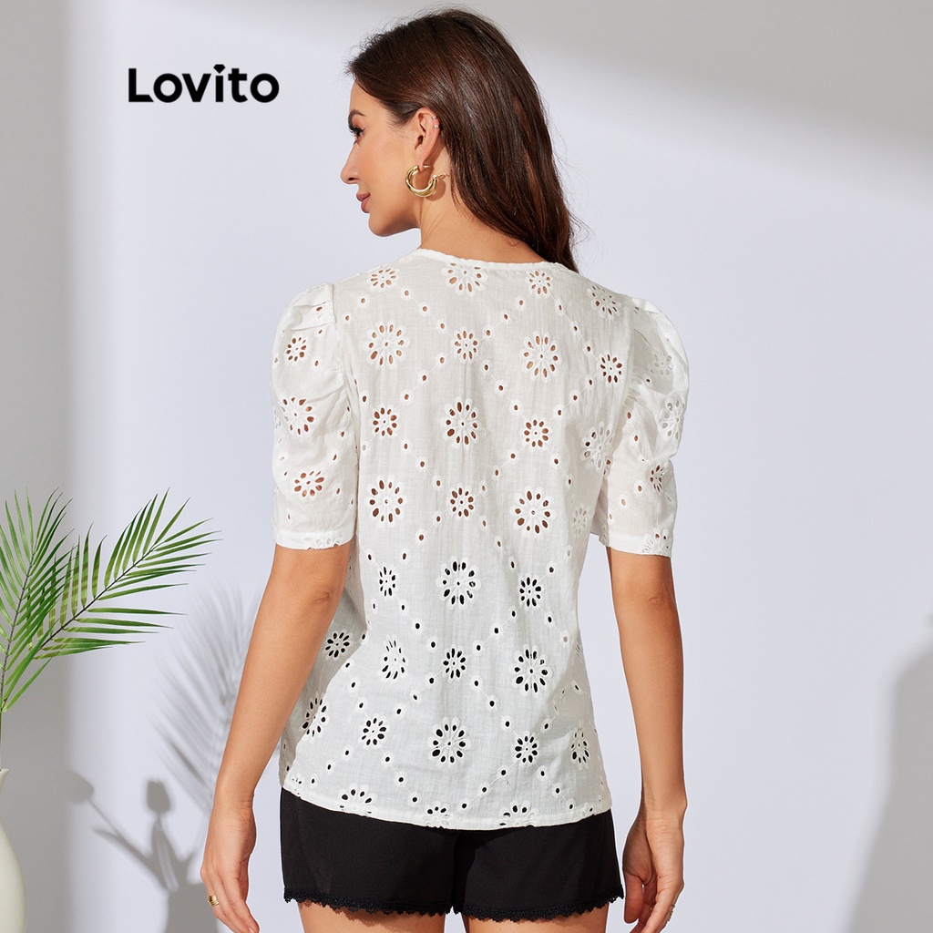 Áo kiểu Lovito thêu họa tiết tay áo chân cừu màu trơn lãng mạn L30LD148 (màu trắng)