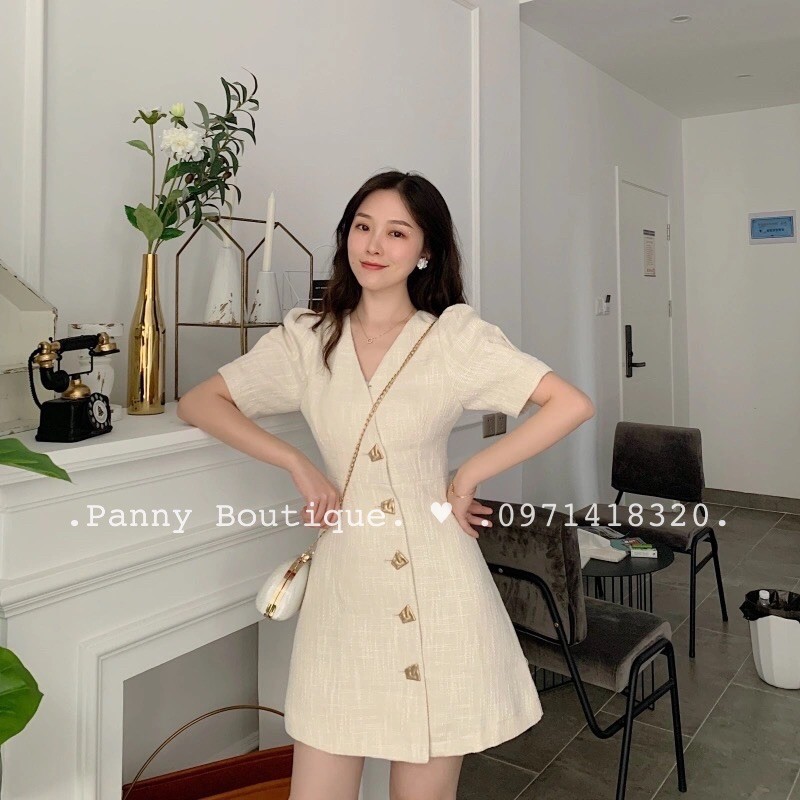 [Order có ảnh thật] Đầm váy cổ V tay phồng khuy ánh kim 🌟, style ulzzang Hàn Quốc 🌻 Panny Boutique 🌻