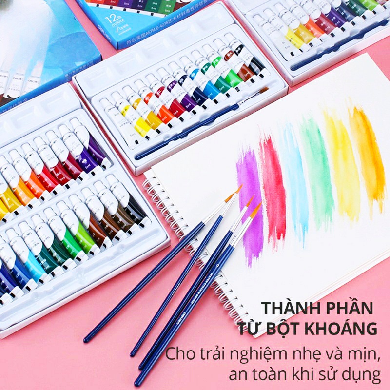 Màu nước dạng tuýp chuyên nghiệp Deli - Tặng kèm cọ vẽ tranh và khay pha màu - Bộ 12 màu / 24 màu MNC245