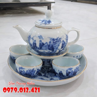 Bộ ấm chén Bát Tràng men lam kẻ vàng tích Trúc Lâm Thất Hiền dáng quả hồng