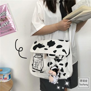 [BÁN KÈM PHỤ KIỆN] Túi tote đeo chéo vải canvas đi học giá rẻ hình con bò sữa