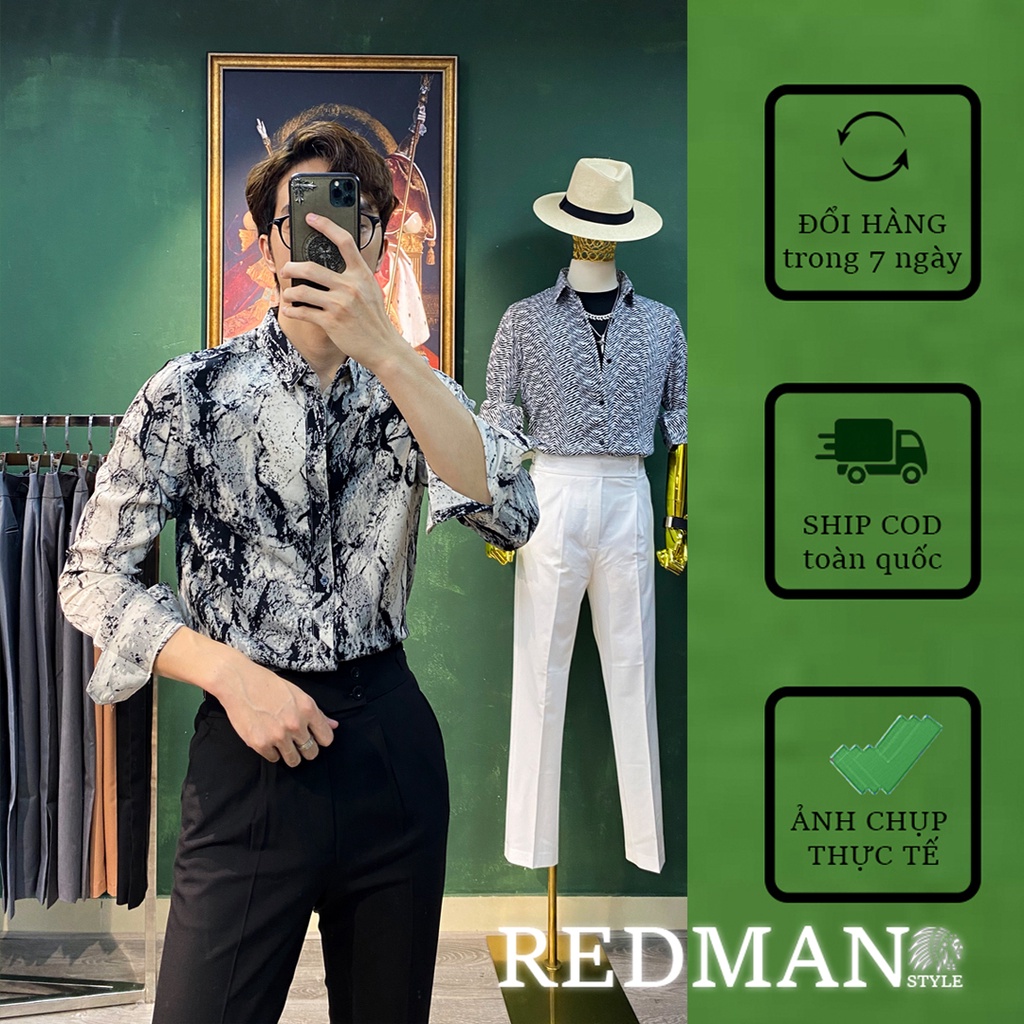 Áo sơ mi nam họa tiết dài tay Vân Đá - Vải lụa mango chống nhăn cao cấp [RedMan]