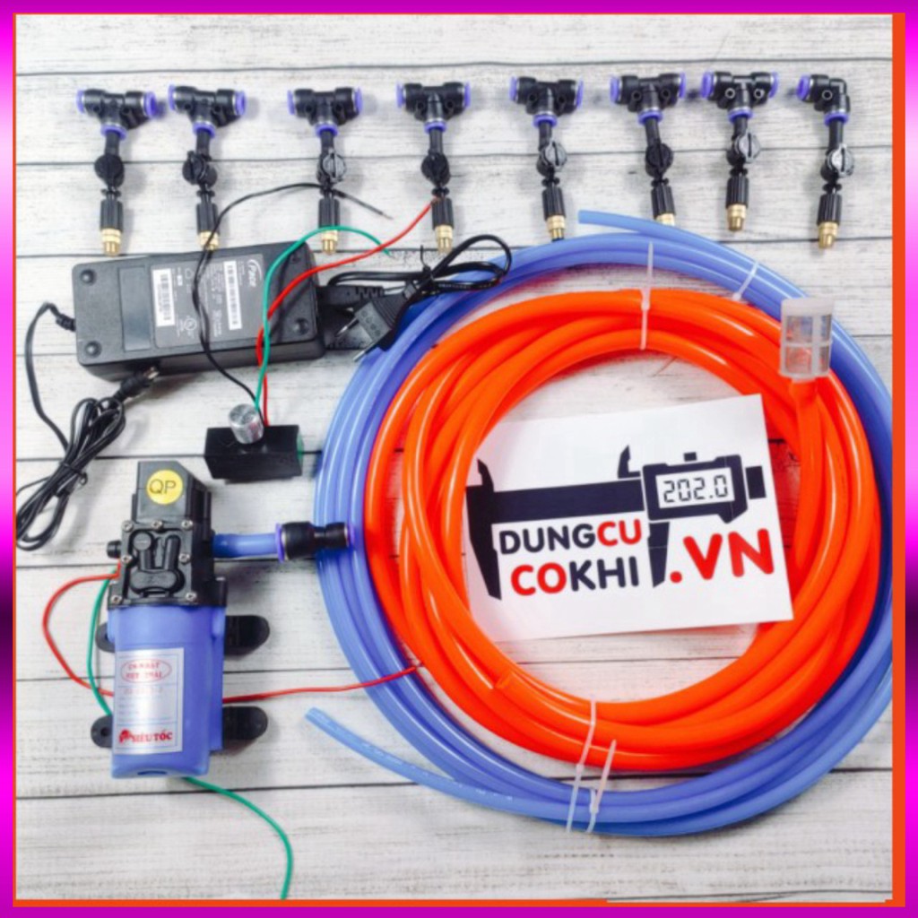 bộ máy bơm phun sương 12v, 8 béc 1 tia đồng, có chống nhỏ giọt/ 10m dây, đầy đủ phụ kiện, làm mát, tưới lan