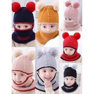 Mũ Len Trùm Ninja Cho Bé 2 Quả Bông - Tặng kèm 01 Móc Nhựa Cho Bé - Màu Ngẫu Nhiên