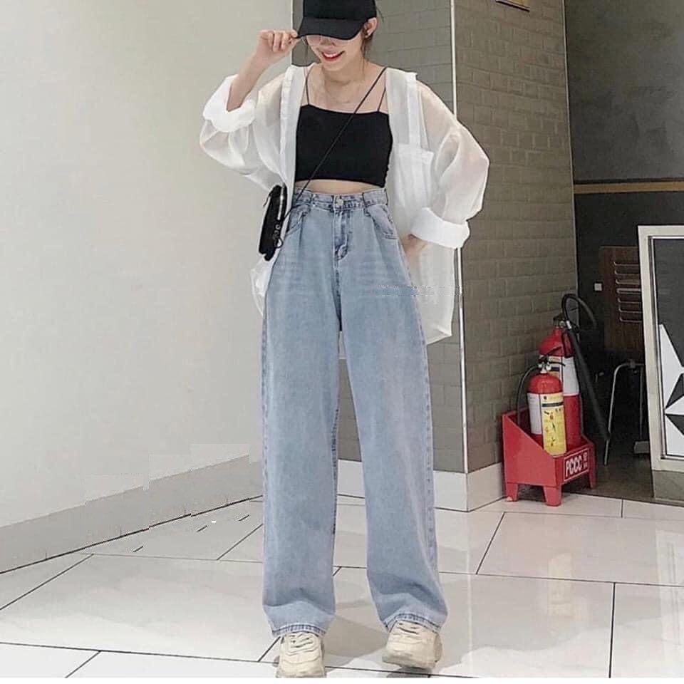 Quần Culottes Jean Thụng Móc Cài PEONYB Nữ [FREESHIP] 🌸 Jeans baggy bò dáng suông ống rộng, cạp cao năng động Ulzzang 🌸