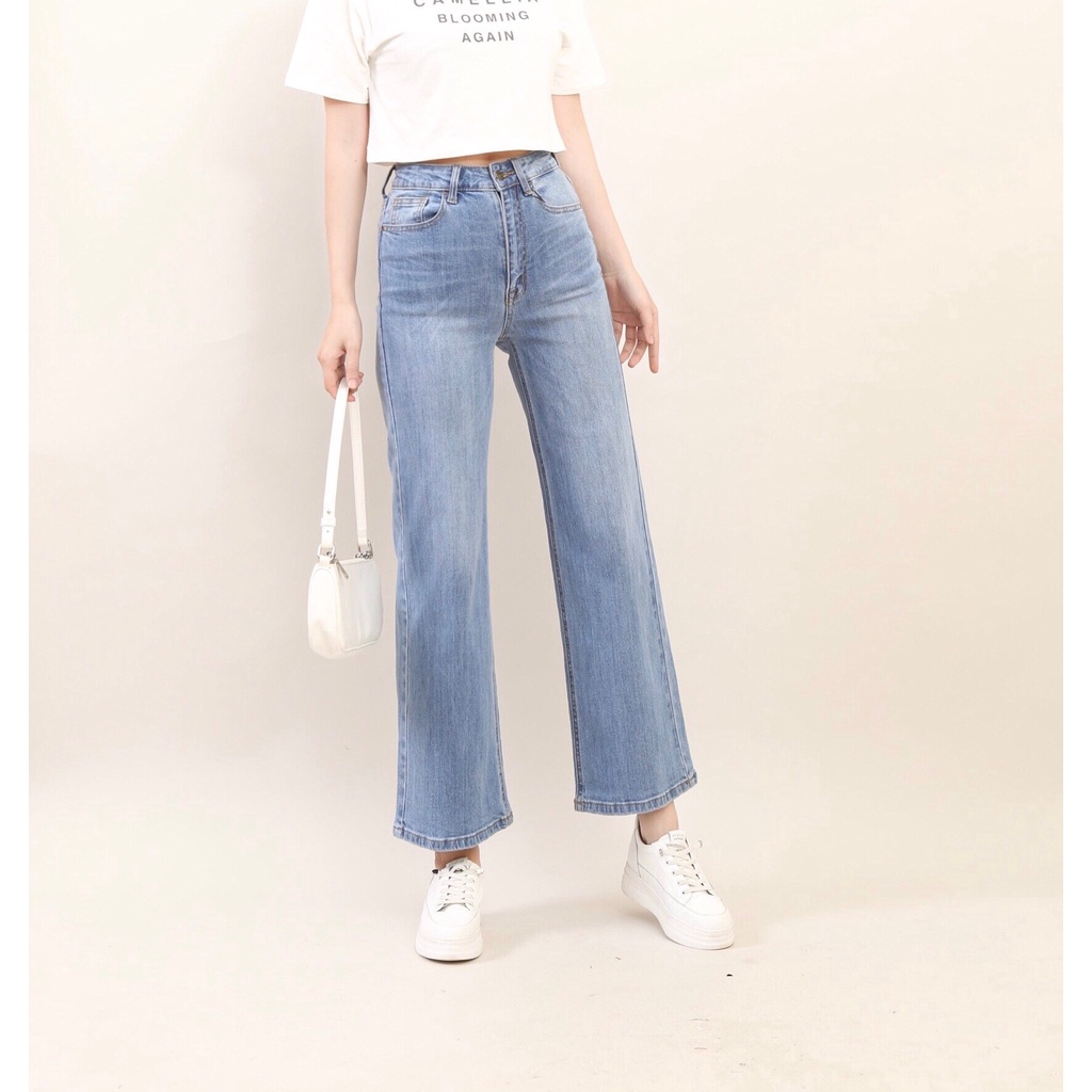 Quần Jean Nữ Ống Rộng cạp cao co giãn cơ bản Trơn Gấu Thường CT JEANS